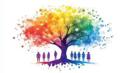 Colorful network tree, community, growth, connection, digital, icons, abstract, background, illustration, website