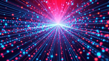 Obraz premium an abstract visualization of data streams in a digital space, with glowing blue and red dots and lines converging towards a vanishing point