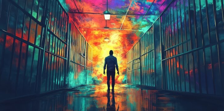 Man walks through prison corridor toward a colorful light