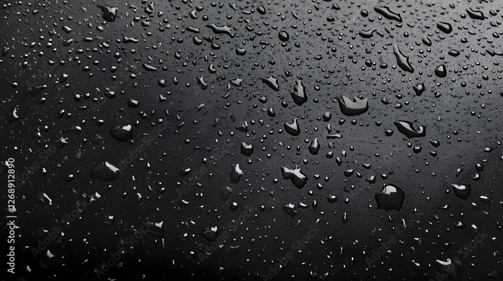 Poster Closeup of water droplets beads and splashes on a transparent surface capturing the atmospheric essence and natural beauty of moisture in various forms