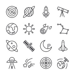A set of space related icons including a planet, a moon, a rocket, a telescope