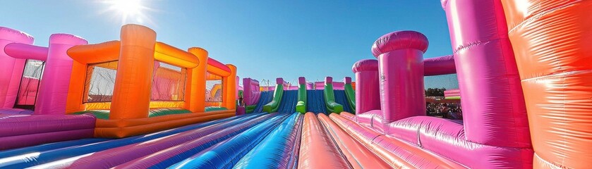 A vibrant inflatable bounce house area with colorful structures under a clear blue sky, inviting fun and play.