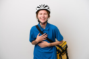 Young English woman with thermal backpack isolated on white background smiling a lot