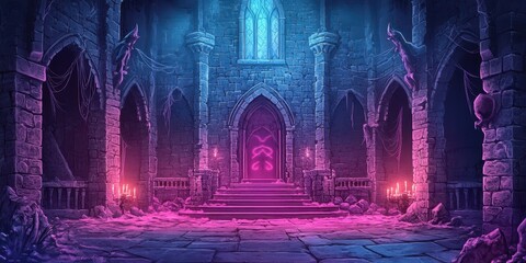 An eerie gothic hall with magical symbols illuminates the door