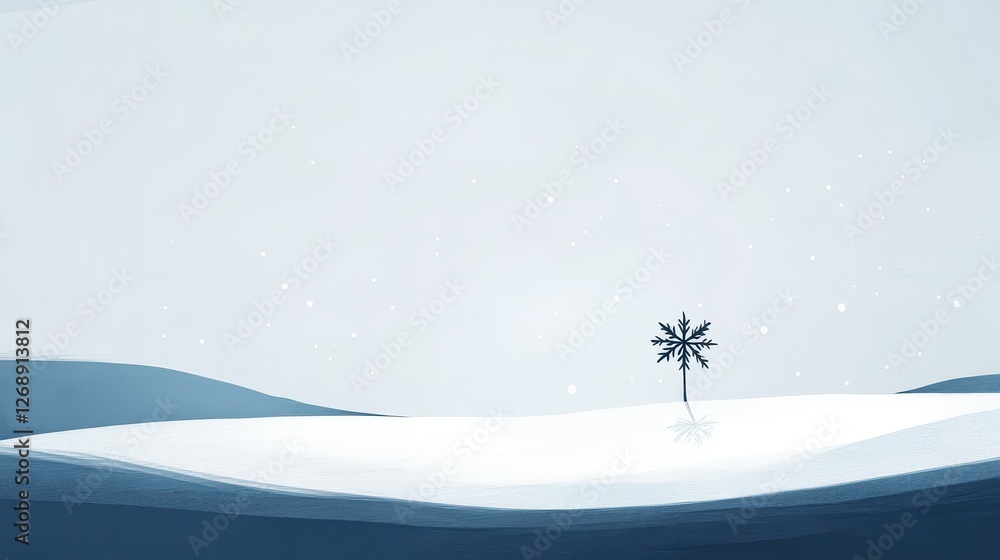 Poster winter landscape with a snowflake tree in a snowy field