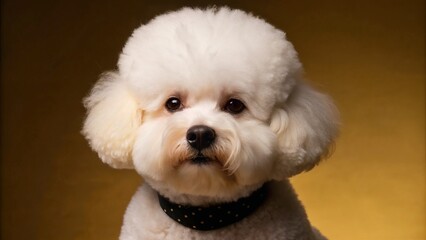 Close-up portrait of a fluffy Bichon Frise dog against a golden background