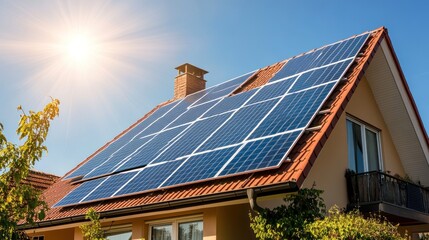 Fototapeta premium Residential house outfitted with solar panels gleaming under sunshine