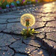 Dandelion seed head blowing in the wind, growing through cracked pavement
