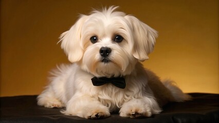 Cute white Maltese dog wearing black bow tie