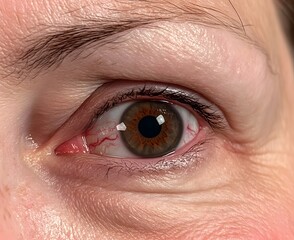 Obraz premium Closeup of Irritated and Reddened Adult Eye with Fluid Around It