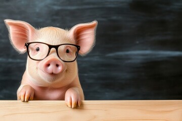 Smiling Piglet in Glasses Classroom Setting - A cute piglet wearing glasses smiles while peeking over a desk, symbolizing intelligence, education, humor, cuteness, and childhood