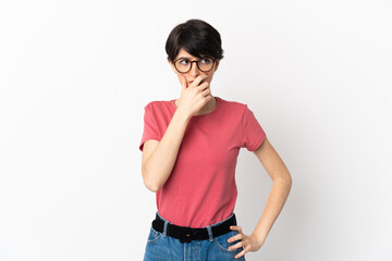 Woman with short hair isolated on white background having doubts and with confuse face expression