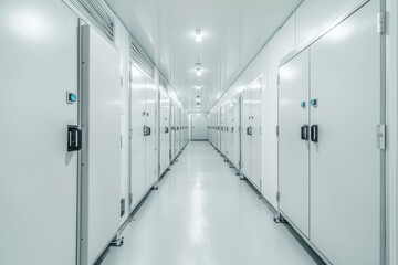 A modern storage facility hallway lined with white storage units, featuring metal doors and bright overhead lighting.