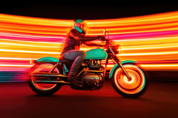 Fototapeta premium Dynamic Night Ride: Vibrant Neon Streaks Behind Motorcyclist in Speeding Motion