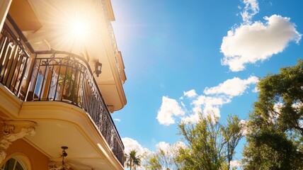 Fototapeta premium Sunny Day at Ornate Balcony Building - Luxury building, sunny sky, ornate balconies, architectural details, Mediterranean . Symbolizing elegance, prosperity, sunshine, comfort