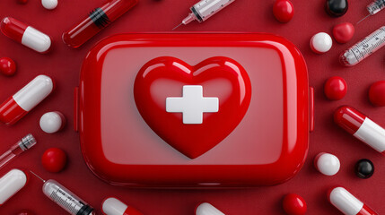 A glossy red-and-white first aid case resting on a neutral background, with vials and a syringe