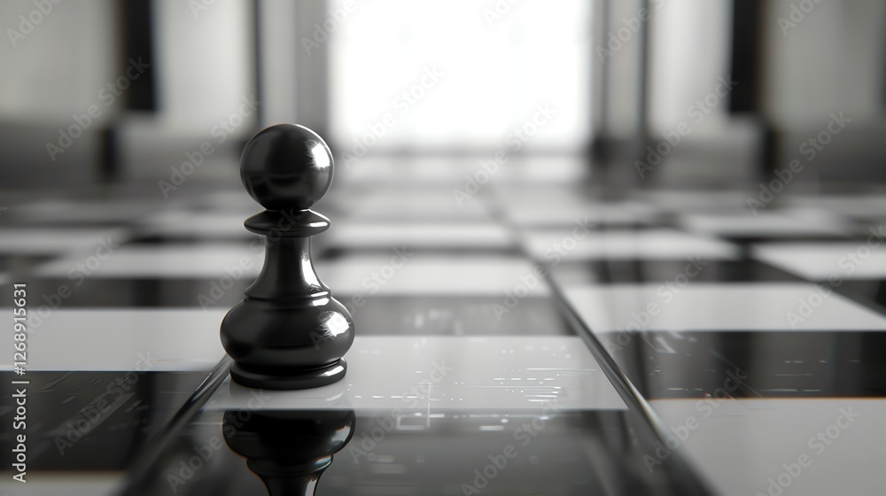 Poster 3d rendering of a chessboard with a single black pawn in the center. the pawn is in focus, with a bl