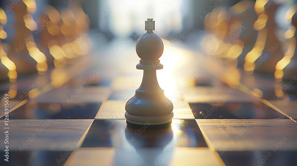 Poster a closeup of a white chess pawn on a chessboard. the pawn is in the foreground and is in focus. the 