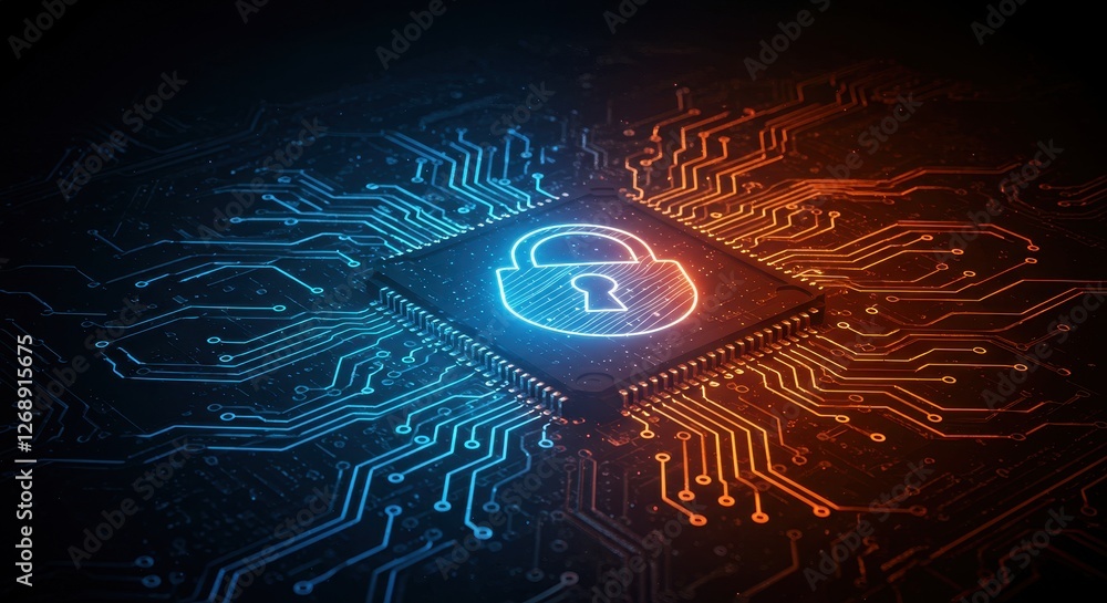 Poster a glowing lock icon integrated into a digital circuit board symbolizing data protection and secure t