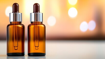Naklejka premium amber glass dropper bottle on a reflective surface with a blurred warm background