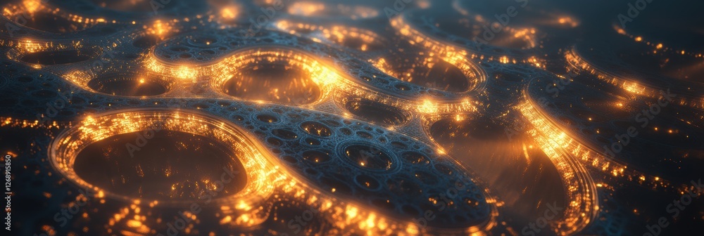 Poster Intricate network of glowing patterns amidst dark background evoking a futuristic landscape and technology. Generative AI