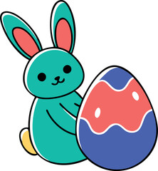 Doodle-style illustration of a cheerful Easter bunny with a decorated egg