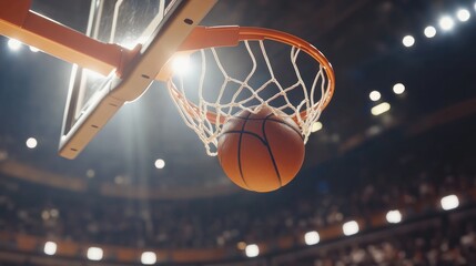 A basketball is seen approaching a hoop in a brightly lit arena during a game.