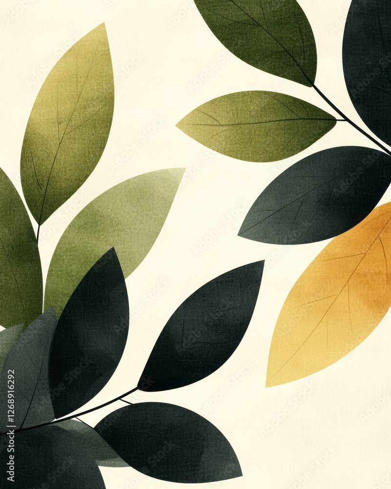 Aufkleber a half-shadowed scene featuring large abstract leaf shapes with dynamic brushy edges, highlighted