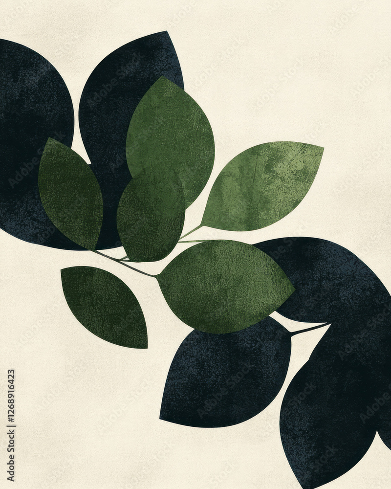 Poster a half-shadowed scene featuring large abstract leaf shapes with dynamic brushy edges, highlighted