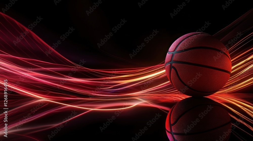 Poster a basketball on a reflective surface with dynamic light trails in the background.
