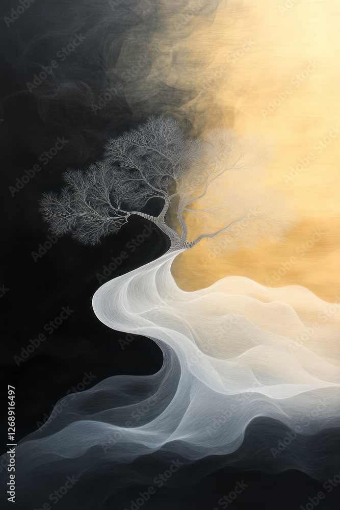 Poster a dreamlike vision where a single, elegant tree form appears to flow upward in wispy strands,