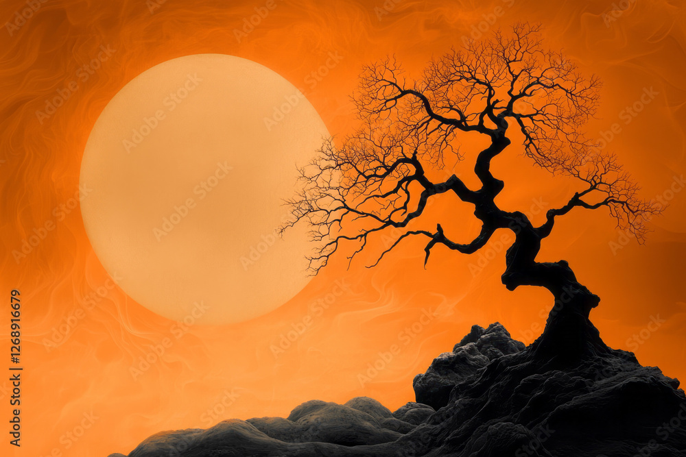 Poster a near-monochromatic setting featuring an otherworldly tree, its branches fading from a soft amber