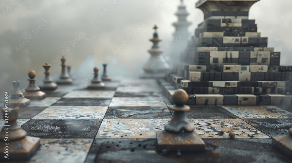 Poster 3d rendering of a chessboard with white and black pieces. the board is made of stone with marble tex