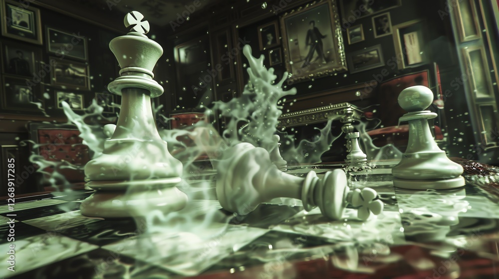 Poster 3d rendering of a chess game in a dark room.