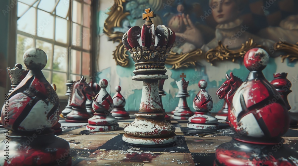 Poster 3d rendering of a chessboard with red and white chess pieces. the chess pieces are arranged in a ran