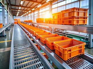 Fototapeta premium Empty Orange Plastic Crates on Factory Conveyor Belt - Minimalist Industrial Stock Photo