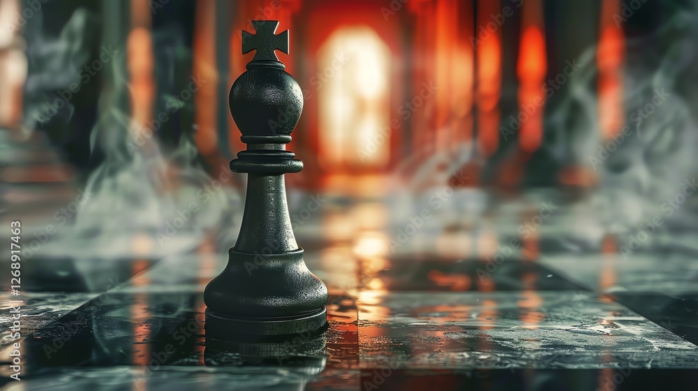 Poster 3d rendering of a black chess piece on a chessboard. the background is out of focus and there is a s
