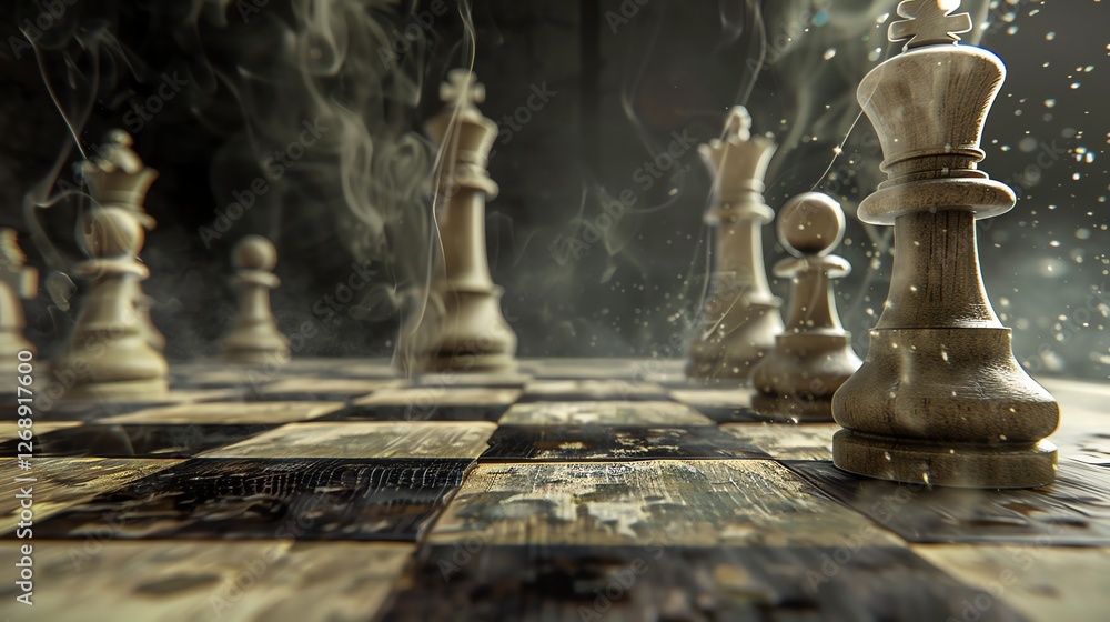 Poster 3d rendering of a chessboard with white pieces in the foreground and black pieces in the background.