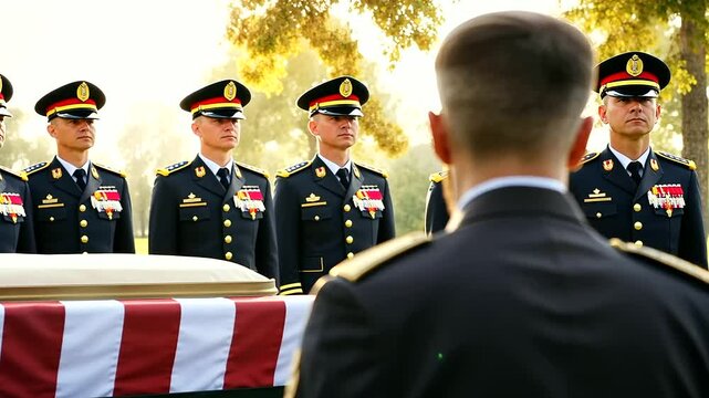 Military funeral service honoring a veteran with flag draped casket