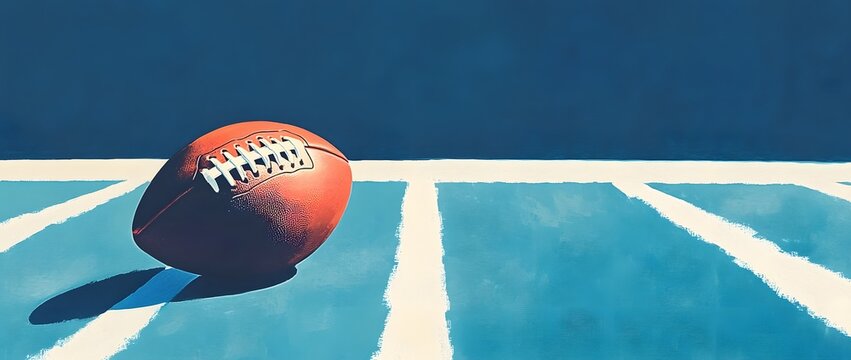 A Solitary American Football on the Crisp Blue Field Awaits the Thrill of the Game's Beginning