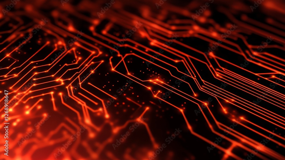 Poster abstract close-up of glowing red circuit board patterns with intricate connections and depth