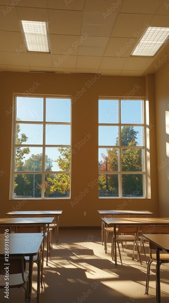 Aufkleber a bright classroom with large windows and empty desks, inviting learning and creativity.