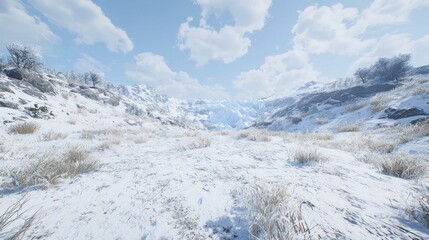 Snowy mountain valley vista, wide shot, serene, sunlight