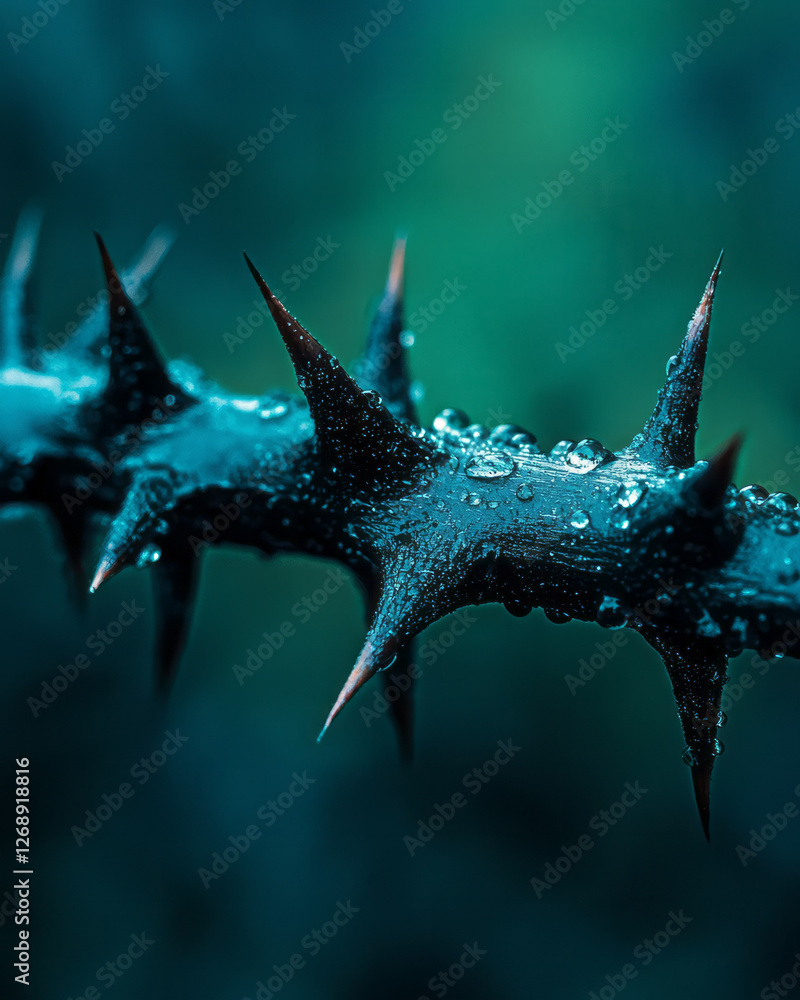 Poster a slightly angled view of the thorny branch, its texture and edges in crisp focus, while the mild