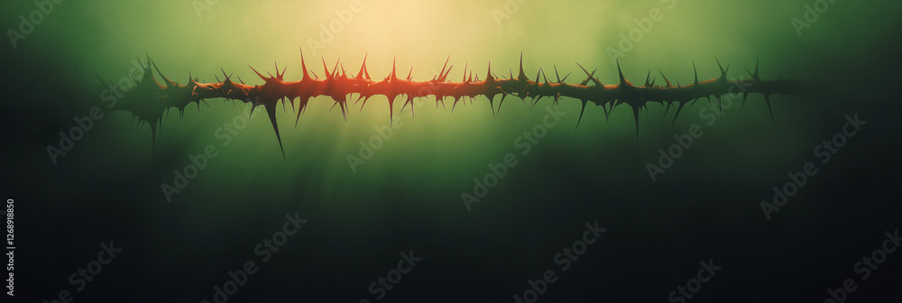 Poster a low-angle perspective emphasizing the dangerous points of the thorns, illuminated softly by