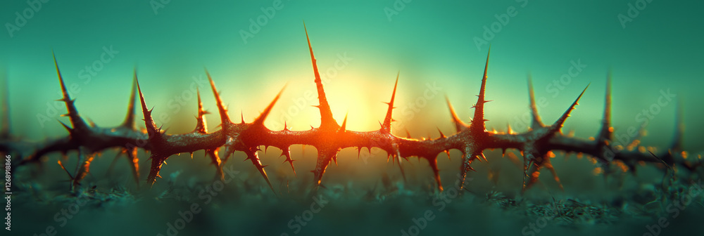 Poster a low-angle perspective emphasizing the dangerous points of the thorns, illuminated softly by