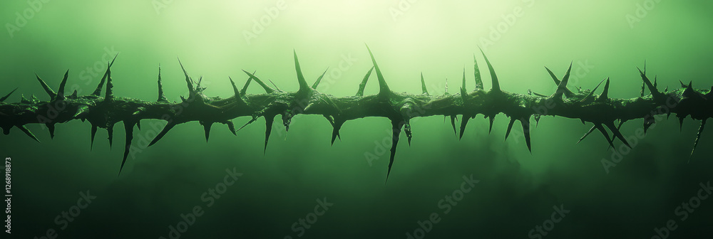 Poster a low-angle perspective emphasizing the dangerous points of the thorns, illuminated softly by