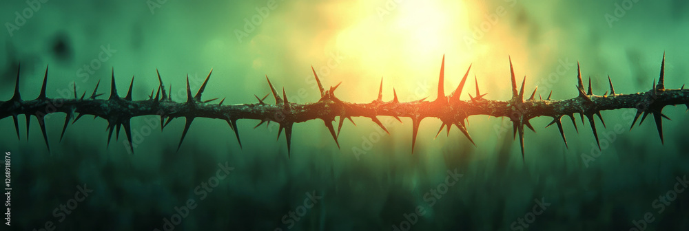 Poster a low-angle perspective emphasizing the dangerous points of the thorns, illuminated softly by
