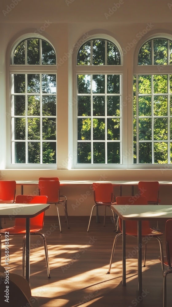 Aufkleber a bright classroom with large windows overlooking greenery and empty chairs and tables.