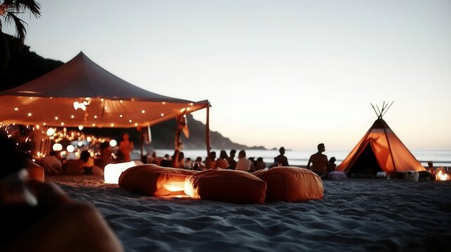 Beach party scene with tent and lights.